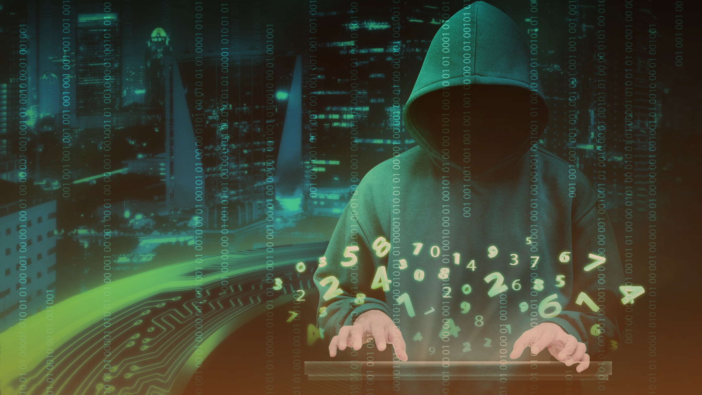 Mysterious figure in a hood typing on a keyboard with glowing digital numbers and circuit board traces overlaid, set against a backdrop of a night cityscape.